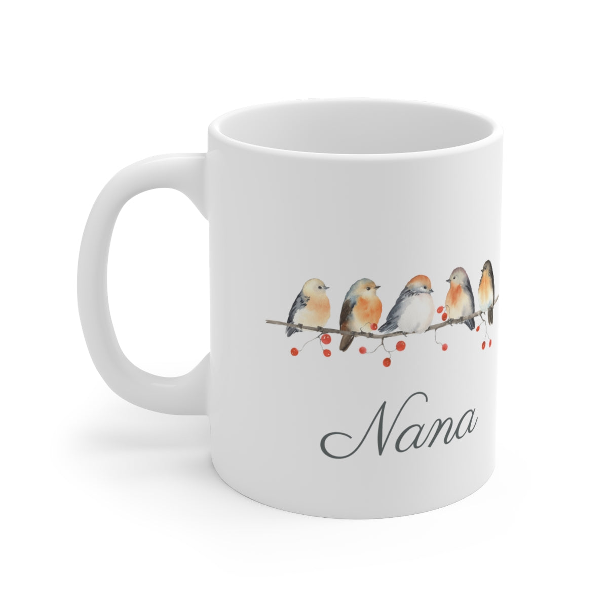 Personalized Winter Birds and Holly Berry Ceramic Mug 11oz