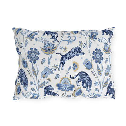 Outdoor Pillow Blue Nordic Tigers and Floral | Front Porch Pillow | Back Porch Pillow