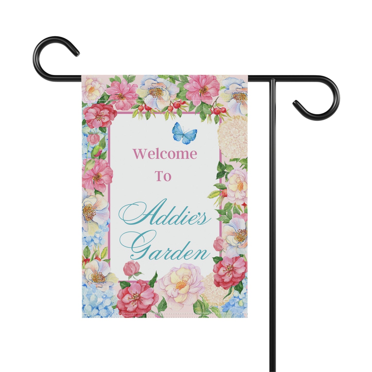 Customized Welcome Garden Flags | Flower Garden Flag | Personalized Name Flag | Flowers and Butterfly