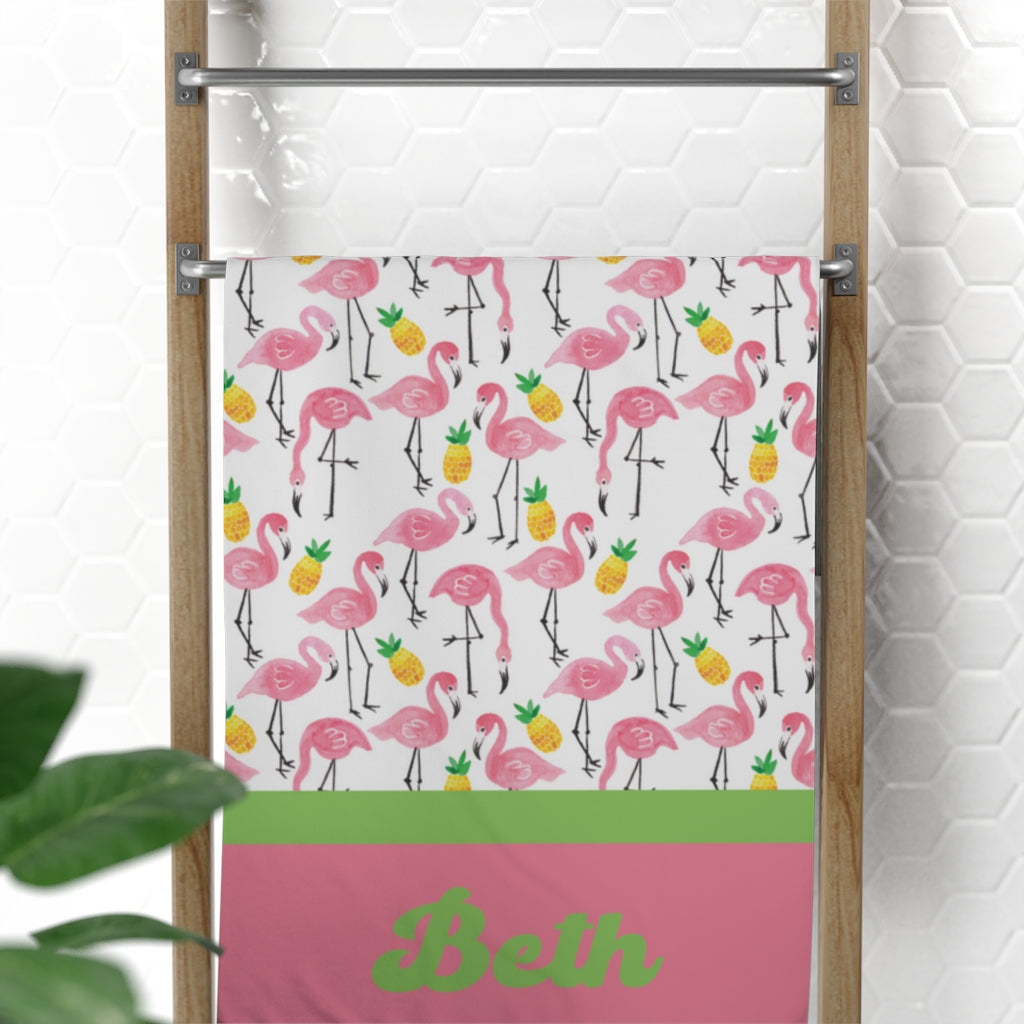 Personalized Flamingo and Pineapple Beach Towel