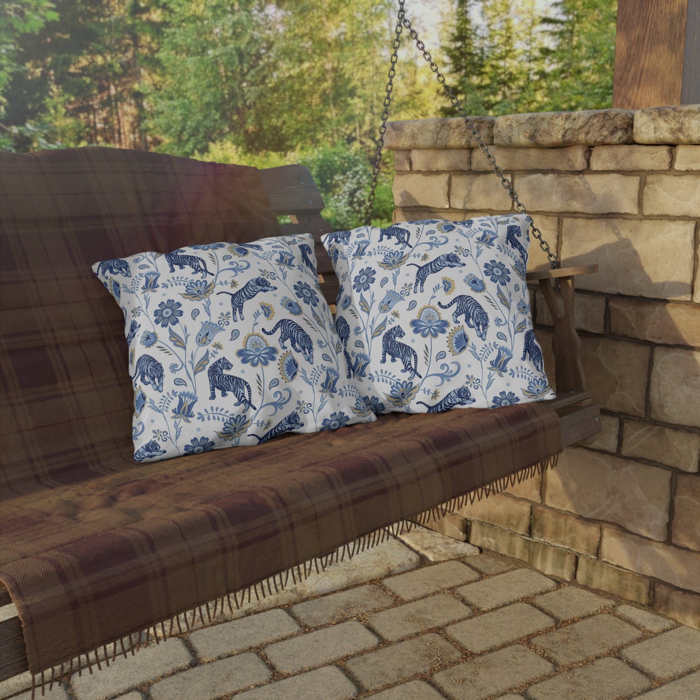 Outdoor Pillow Blue Nordic Tigers and Floral | Front Porch Pillow | Back Porch Pillow