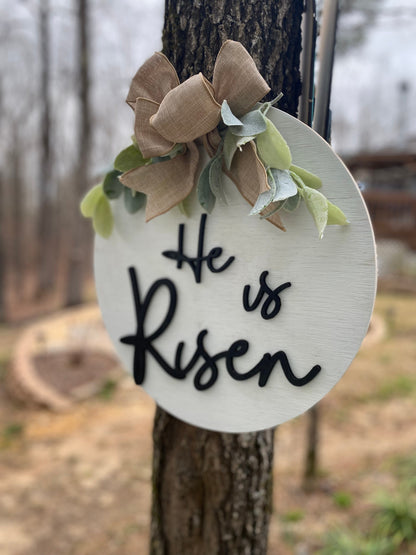 He Is Risen Door Hanger | Easter | Home Decor | Front Porch | Lamb's Ear | Burlap Bow