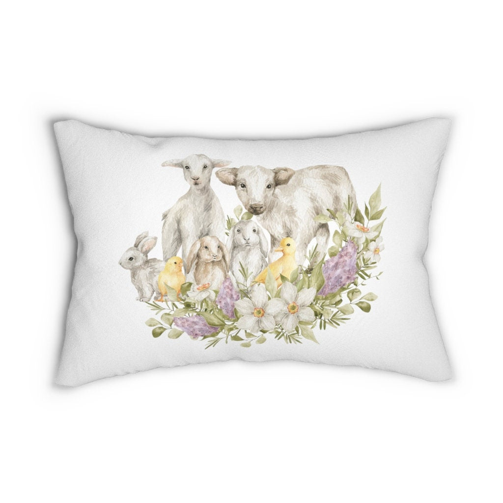 Spring Pillow | Lamb Bunny and Chicks | Lavendar | Front Porch | Foyer | Spun Polyester Lumbar Pillow