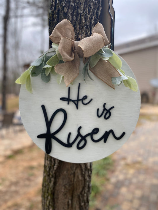 He Is Risen Door Hanger | Easter | Home Decor | Front Porch | Lamb's Ear | Burlap Bow