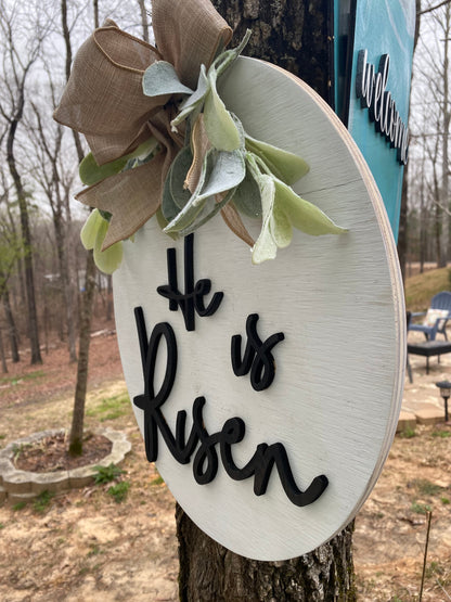 He Is Risen Door Hanger | Easter | Home Decor | Front Porch | Lamb's Ear | Burlap Bow